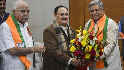 Former Karnataka CM Jagadish Shettar who rejoined BJP being welcomed by the party chief J P Nadda, in New Delhi along with BS Yediyurappa (PTI) Former Karnataka CM Jagadish Shettar who rejoined BJP being welcomed by the party chief J P Nadda, in New Delhi along with BS Yediyurappa (PTI)
