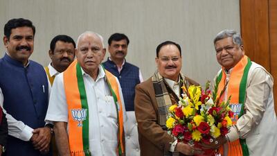 Former Karnataka chief minister Jagadish Shettar rejoins the BJP in the presence of party national president JP Nadda, former CM BS Yediyurappa, and party state president Vijayendra Yediyurappa, in New Delhi on Thursday (ANI) Former Karnataka chief minister Jagadish Shettar rejoins the BJP in the presence of party national president JP Nadda, former CM BS Yediyurappa, and party state president Vijayendra Yediyurappa, in New Delhi on Thursday (ANI)