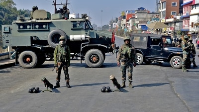 Soldiers block a road leading to the Kangla Fort, the venue of a meeting between the state lawmakers and members of Arambai Tenggol, a Meitei group, in Imphal, Manipur, India, January 24, 2024. REUTERS/Stringer (REUTERS)