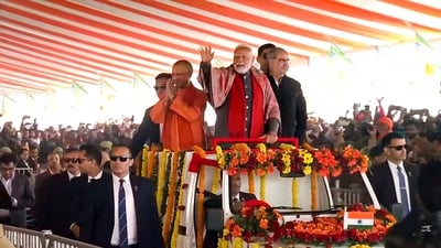 Prime Minister Narendra Modi with Uttar Pradesh Chief Minister Yogi Adityanath during the inauguration and foundation stone laying ceremony of various developmental projects in Bulandshahr on Jan. 25. (PTI) Prime Minister Narendra Modi with Uttar Pradesh Chief Minister Yogi Adityanath during the inauguration and foundation stone laying ceremony of various developmental projects in Bulandshahr on Jan. 25. (PTI)