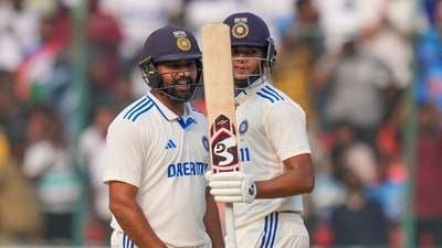 India's Yashasvi Jaiswal celebrates his half-century with captain Rohit Sharma (PTI) India's Yashasvi Jaiswal celebrates his half-century with captain Rohit Sharma (PTI)