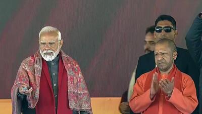 Prime Minister Narendra Modi inaugurates multiple development projects in Bulandshahr, Uttar Pradesh, in the presence of chief minister Yogi Adityanath on Thursday. (ANI P HOTO)
