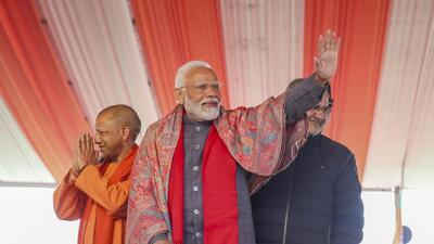 Prime Minister Narendra Modi with Uttar Pradesh chief minister Yogi Adityanath (left) during the inauguration and foundation stone laying ceremony of various development projects, in Bulandshahr, Thursday. (PTI) Prime Minister Narendra Modi with Uttar Pradesh chief minister Yogi Adityanath (left) during the inauguration and foundation stone laying ceremony of various development projects, in Bulandshahr, Thursday. (PTI)