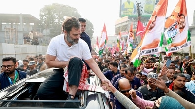 Congress leader Rahul Gandhi greets the supporters during the party's Bharat Jodo Nyay Yatra, on Wednesday. (X/INC) Congress leader Rahul Gandhi greets the supporters during the party's Bharat Jodo Nyay Yatra, on Wednesday. (X/INC)
