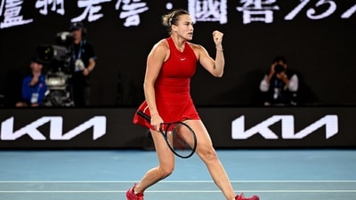 Belarus' Aryna Sabalenka reacts during her semi final match against Coco Gauff of the U.S. (REUTERS)
