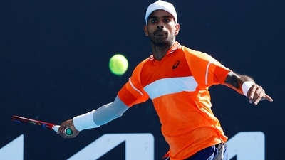 India's Sumit Nagal in action during his first round match against Kazakhstan's Alexander Bublik (REUTERS)