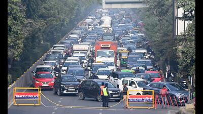 Uttar Pradesh deputy chief minister Brijesh Pathak also got stuck in the long traffic snarl at the DND Flyway, in Noida, on Thursday afternoon, police said. (Sunil Ghosh/HT Photo) Uttar Pradesh deputy chief minister Brijesh Pathak also got stuck in the long traffic snarl at the DND Flyway, in Noida, on Thursday afternoon, police said. (Sunil Ghosh/HT Photo)
