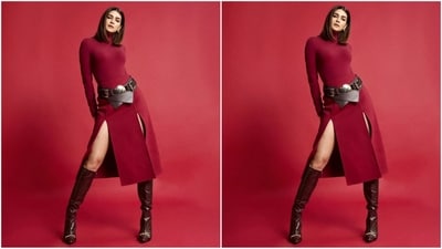 Assisted by celebrity fashion stylist Sukriti Grover, Kriti accessorised her look with a brown criss-cross statement belt on her waist, a pair of shiny brown leather boots and a pair of silver hoop earrings that perfectly complemented her glamorous look. (Instagram/@kritisanon) Assisted by celebrity fashion stylist Sukriti Grover, Kriti accessorised her look with a brown criss-cross statement belt on her waist, a pair of shiny brown leather boots and a pair of silver hoop earrings that perfectly complemented her glamorous look. (Instagram/@kritisanon)