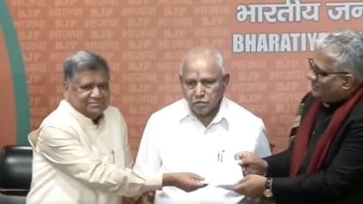Jagadish Shettar (left) was welcomed back to the BJP -- around nine months after he left the party and joined Congress.