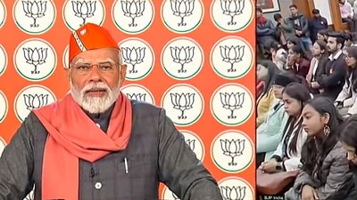 Prime Minister Narendra Modi interacts with first-time voters at the 'Nav Matdata Sammelan', on Thursday, Jan. 24, 2024. (PTI) Prime Minister Narendra Modi interacts with first-time voters at the 'Nav Matdata Sammelan', on Thursday, Jan. 24, 2024. (PTI)