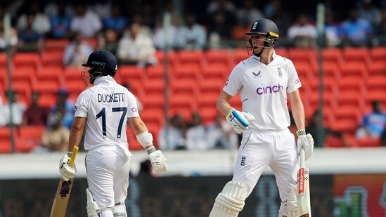 Hyderabad, Jan 25 (ANI): England's Zak Crawley and Ben Duckett during the 1st Test against India, at Rajiv Gandhi International Stadium in Hyderabad on Thursday. (ANI Photo)(ANI)