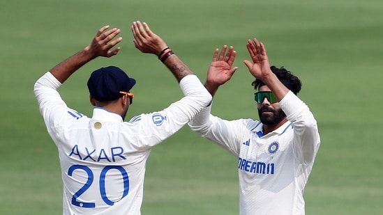 Hyderabad, Jan 25 (ANI): India's Ravindra Jadeja and Axar Patel celebrate the dismissal of England's Rehan Ahmed during Day 1 of the 1st Test, at Rajiv Gandhi International Stadium in Hyderabad on Thursday. (ANI Photo)
(ANI )