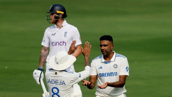 India v England - Rajiv Gandhi International Cricket Stadium, Hyderabad, India - January 25, 2024 India's Ravichandran Ashwin celebrates with Ravindra Jadeja after taking the wicket of England's Mark Wood REUTERS/Francis Mascarenhas(REUTERS)
