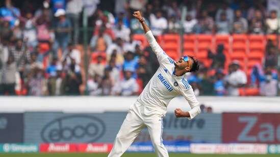 Hyderabad: India's bowler Axar Patel celebrates the wicket of England's batter Jonny Bairstow during the first day of the first Test cricket match between India and England, at Rajiv Gandhi International Stadium in Hyderabad, Thursday, Jan. 25, 2024. (PTI Photo/Shailendra Bhojak)(PTI01_25_2024_000067B)(PTI)