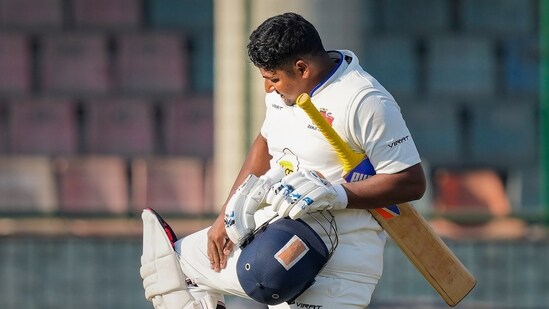 Mumbai player Sarfaraz Khan celebrates his century (PTI)