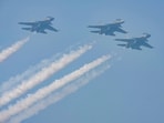 IAF's Su-30 MKI fighter jets flypast in a formation during the Republic Day Parade 2024 at the Kartavya Path in New Delhi. IAF's Su-30 MKI fighter jets flypast in a formation during the Republic Day Parade 2024 at the Kartavya Path in New Delhi.