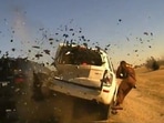 A horrifying moment caught on camera shows how an Oklahoma highway patrol officer was sent flying into the air after a vehicle slammed into the car he had pulled over (@CollinRugg/X) A horrifying moment caught on camera shows how an Oklahoma highway patrol officer was sent flying into the air after a vehicle slammed into the car he had pulled over (@CollinRugg/X)