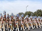 An all-women contingent holds march-past during R-Day rehearsals.