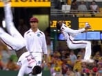 Kevin Sinclair celebrates Usman Khawaja's wicket.