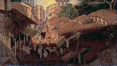 A streetscape in Patna, painted by British civil servant Charles D’Oyly, in 1825. (WIkimedia Commons) A streetscape in Patna, painted by British civil servant Charles D’Oyly, in 1825. (WIkimedia Commons)