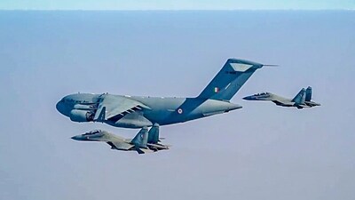 The Indian Air Force (IAF) C-17 Globemaster III transport aircraft and two Sukhoi Su-30MKI fighter jets (ANI) The Indian Air Force (IAF) C-17 Globemaster III transport aircraft and two Sukhoi Su-30MKI fighter jets (ANI)