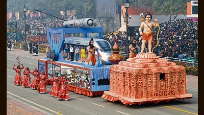 Artistes perform beside the Uttar Pradesh tableau during the 75th Republic Day Parade at Kartavya Path on Friday. (Raj K Raj/HT Photo) Artistes perform beside the Uttar Pradesh tableau during the 75th Republic Day Parade at Kartavya Path on Friday. (Raj K Raj/HT Photo)