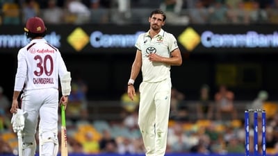 Australia's Mitchell Starc reacts during day two of the second cricket Test match between Australia and West Indies at the Gabba in Brisbane (AFP) Australia's Mitchell Starc reacts during day two of the second cricket Test match between Australia and West Indies at the Gabba in Brisbane (AFP)