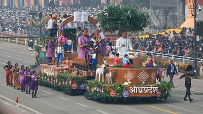 The tableau of Andhra Pradesh at the 75th Republic Day parade on Friday depicted 'Transforming School Education' in the state. (HT Photo/Raj K Raj)