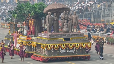 Tamil Nadu's tableau in the Republic Day parade on the Kartavya Path on Friday highlighted the historical significance of the Kudavolai electoral system, which emerged during the 10th century Chola era and marked an early stride towards democracy. (HT Photo/Raj K Raj)