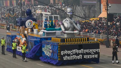 A tableaux from Ministry of Electronics and Information Technology on display during the 75th Republic Day Parade 2024 at Kartavya Path in New Delhi. (HT Photo/Raj K Raj)