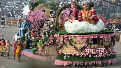 The Meghalaya tableau opens an enchanting display of the state's cherry blossoms, transforming the landscape into a canvas awash in delicate shades of pink. (Raj K Raj)