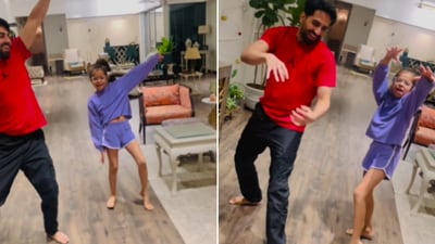 The image shows Ayushmann Khurrana dancing with daughter Varushka. His performance prompted a response from Hrithik Roshan. (Instagram/@tahirakashyap)