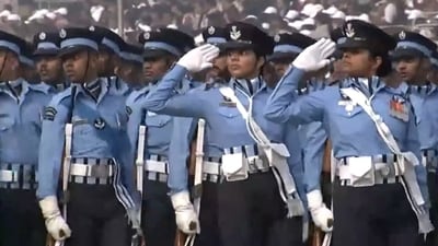 Squadron Leader Rashmi Thakur leads the Indian Air Force's marching contingent at the 75th Republic Day parade on January 26. Squadron Leader Rashmi Thakur leads the Indian Air Force's marching contingent at the 75th Republic Day parade on January 26.