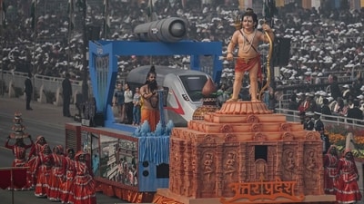 Tableaux of India's Uttar Pradesh state inspired by Ayodhya's Ram Mandir takes part in India's 75th Republic Day parade in New Delhi on January 26. (AFP)