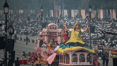 Rajastha tableaux showcased a vibrant tapestry of tradition, artistry, and women empowerment, titled "Vikasit Bharat Main- Padharo Mahare Desh" (Welcome to Our Great Nation in Developed India). (AFP)