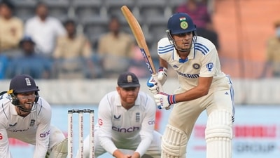 India's Shubman Gill, right, plays a shot on the first day of the first cricket test match between England and India in Hyderabad, India (AP) India's Shubman Gill, right, plays a shot on the first day of the first cricket test match between England and India in Hyderabad, India (AP)