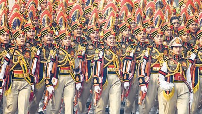 New Delhi, India - Jan. 26, 2024: An all women contingent from Delhi Police past the saluting Base during the 75th Republic Day Parade 2024, at Kartavya Path, in New Delhi, India, on Friday, January 26, 2024. (Photo by Raj K Raj/ Hindustan Times) (Hindustan Times) New Delhi, India - Jan. 26, 2024: An all women contingent from Delhi Police past the saluting Base during the 75th Republic Day Parade 2024, at Kartavya Path, in New Delhi, India, on Friday, January 26, 2024. (Photo by Raj K Raj/ Hindustan Times) (Hindustan Times)