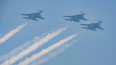 IAF's Su-30 MKI fighter jets flypast in a formation during the Republic Day Parade 2024 at the Kartavya Path in New Delhi. (PTI) IAF's Su-30 MKI fighter jets flypast in a formation during the Republic Day Parade 2024 at the Kartavya Path in New Delhi. (PTI)