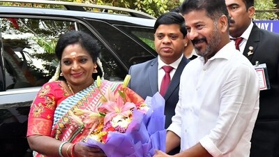 Telangana Governor Tamilisai Soundararajan being welcomed by Chief Minister Revanth Reddy on her arrival for the 75th Republic day celebration in Hyderabad. (PTI) Telangana Governor Tamilisai Soundararajan being welcomed by Chief Minister Revanth Reddy on her arrival for the 75th Republic day celebration in Hyderabad. (PTI)