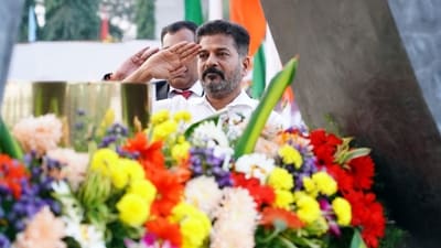 Telangana Chief Minister Revanth Reddy pays tribute at the War Memorial on the 75th Republic Day in Secundarabad. (PTI) Telangana Chief Minister Revanth Reddy pays tribute at the War Memorial on the 75th Republic Day in Secundarabad. (PTI)
