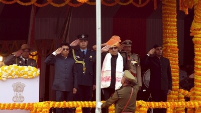 Assam Governor Gulab Chand Kataria salutes during the 75th Republic Day celebration at Veterinary College Field in Guwahati. (PTI) Assam Governor Gulab Chand Kataria salutes during the 75th Republic Day celebration at Veterinary College Field in Guwahati. (PTI)
