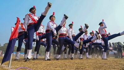 Security personnel take part in the parade during the celebration of the 75th Republic Day in Agartala. (PTI) Security personnel take part in the parade during the celebration of the 75th Republic Day in Agartala. (PTI)