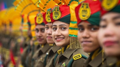 Women security personnel take part in the parade on the 75th Republic Day in Agartala. (PTI) Women security personnel take part in the parade on the 75th Republic Day in Agartala. (PTI)