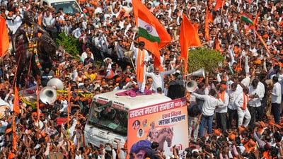 Maratha activist Manoj Jarange Patil and his supporters during their march for reservation, in Navi Mumbai, Friday. (PTI) Maratha activist Manoj Jarange Patil and his supporters during their march for reservation, in Navi Mumbai, Friday. (PTI)