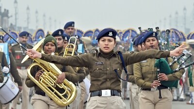 Armed forces contingents were seen marching to drumbeats during dress rehearsals for the 75th Republic Day parade at the Kartavya Path in the national capital on Saturday. (HT Photo/Sanjeev Verma) Armed forces contingents were seen marching to drumbeats during dress rehearsals for the 75th Republic Day parade at the Kartavya Path in the national capital on Saturday. (HT Photo/Sanjeev Verma)