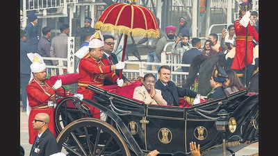 President Droupadi Murmu arrives for the parade with Emmanuel Macron in the presidential buggy on Friday. (PTI) President Droupadi Murmu arrives for the parade with Emmanuel Macron in the presidential buggy on Friday. (PTI)