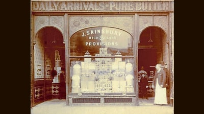 Sainsbury’s started out, in 1869, as a dairy store that also offered milk, bread, eggs, tea and sugar. Sainsbury’s started out, in 1869, as a dairy store that also offered milk, bread, eggs, tea and sugar.