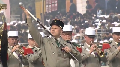 French Foreign Legion music band consisting of 30 musicians takes part in 75th Republic Day parade . (X/ @EmmanuelMacron)