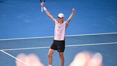 Italy's Jannik Sinner celebrates victory against Serbia's Novak Djokovic during their men's singles semi-final match on day 13 of the Australian Open tennis tournament in Melbourne on January 26 (AFP) Italy's Jannik Sinner celebrates victory against Serbia's Novak Djokovic during their men's singles semi-final match on day 13 of the Australian Open tennis tournament in Melbourne on January 26 (AFP)