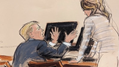 In this courtroom sketch, former President Donald Trump, prior to taking the witness stand, gesticulates and makes loud statements to his attorney Alina Habba, right, during his civil trial Thursday, Jan. 25, 2024, in federal court in New York. (Elizabeth Williams via AP) (AP) In this courtroom sketch, former President Donald Trump, prior to taking the witness stand, gesticulates and makes loud statements to his attorney Alina Habba, right, during his civil trial Thursday, Jan. 25, 2024, in federal court in New York. (Elizabeth Williams via AP) (AP)